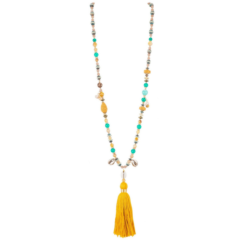 Grossiste BELLE MISS - sautoir boheme avec pierres multicolore, coquillages et pompon