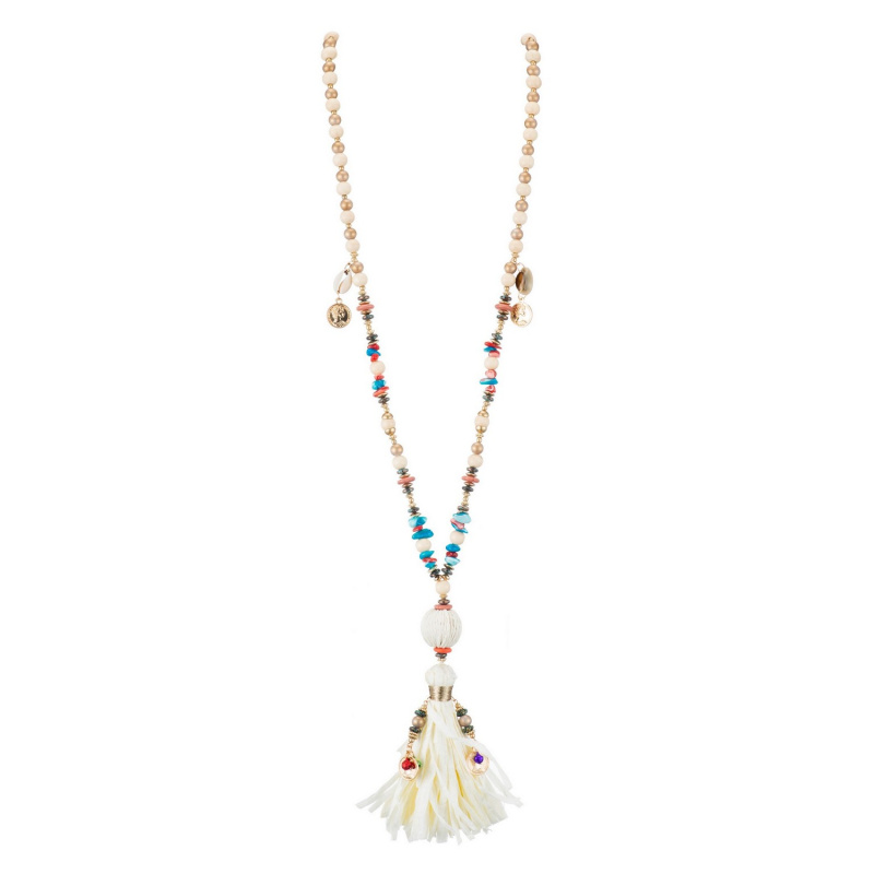 Grossiste BELLE MISS - sautoir boheme avec pierres multicolore et pompon en rafia blanc