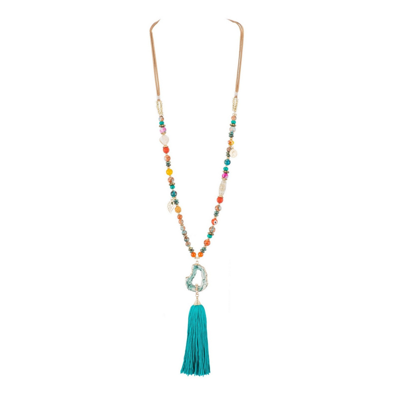 Grossiste BELLE MISS - sautoir boheme avec pierres multicolore et pompon bleu
