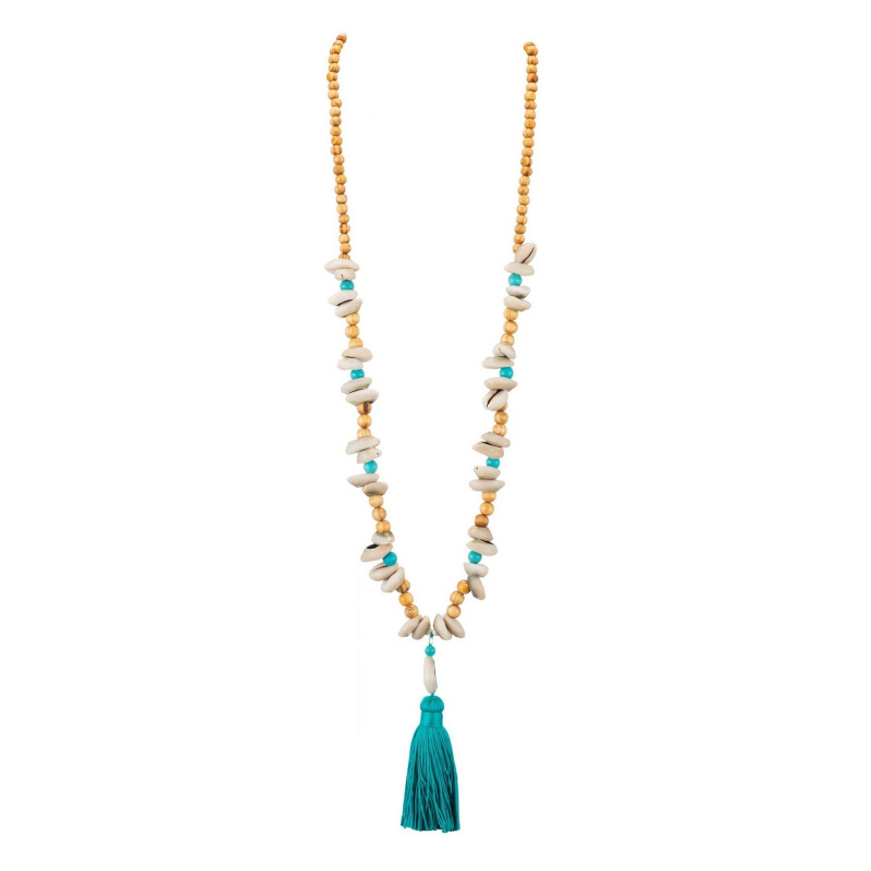Grossiste BELLE MISS - sautoir boheme en bois avec coquillages et pompon bleu