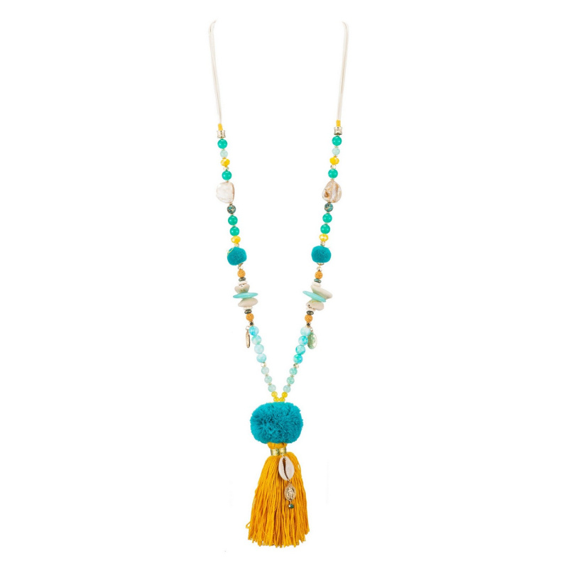 Grossiste BELLE MISS - sautoir boheme cordon avec pierres, nacre et pompon multicolore