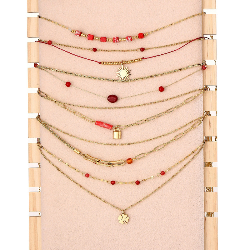 Mayorista BELLE MISS - Juego de 10 pulseras de acero dorado con piedra de colores y cristal.