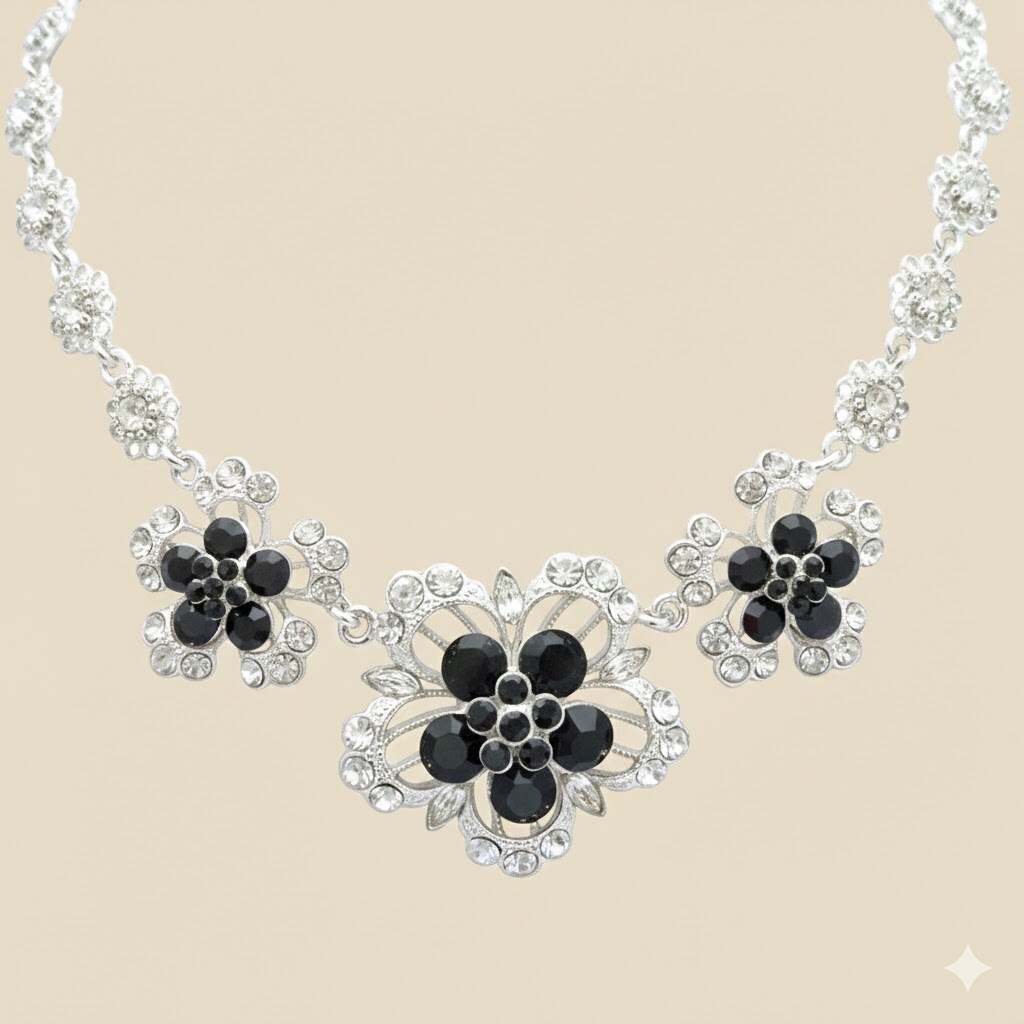 Mayorista BELLE MISS - Collar de flores de plata con cristal blanco y negro