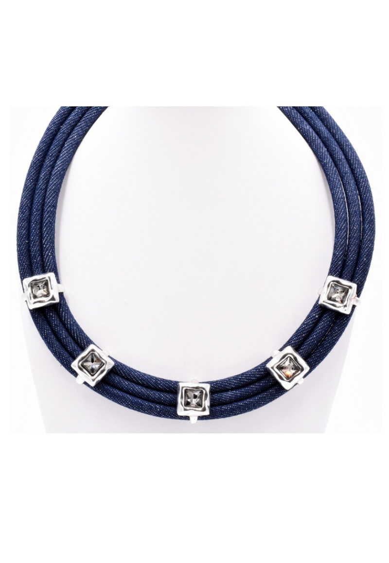 Grossiste BELLE MISS - collier cordon en jeans avec éléments en métal avec strass gris