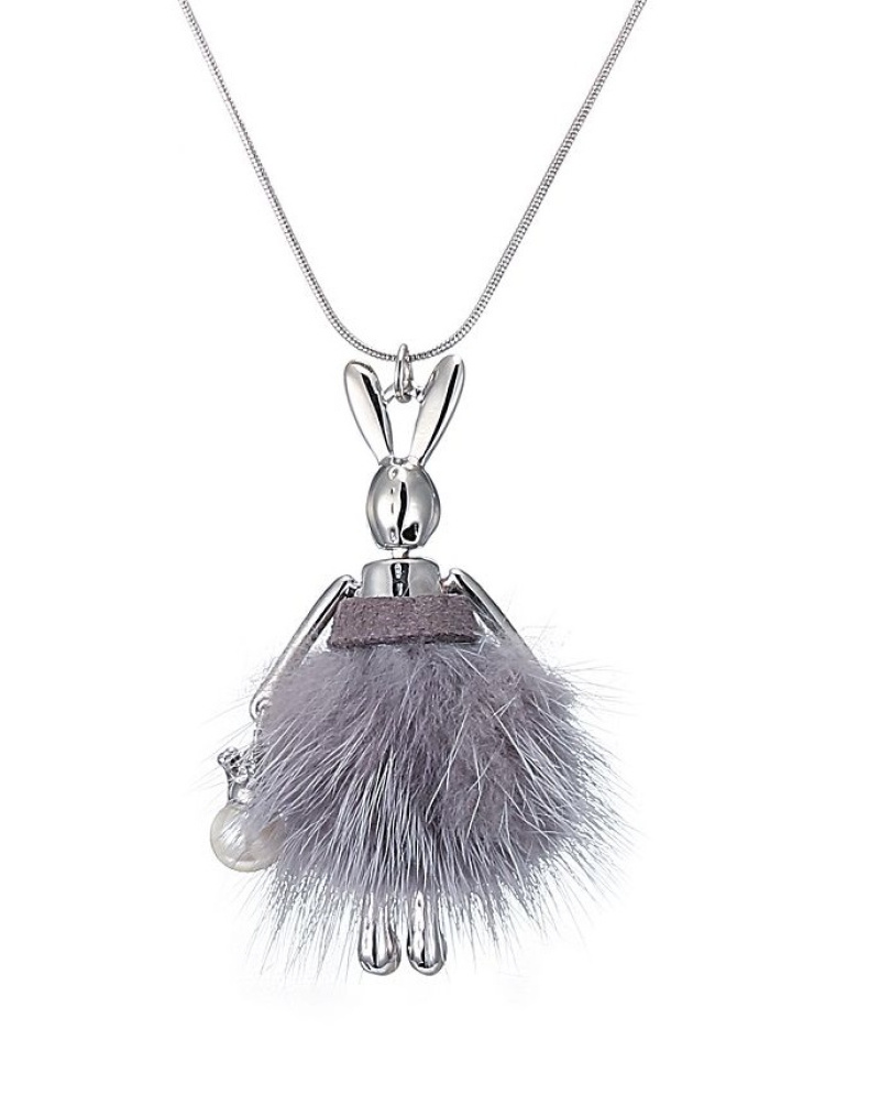 Mayorista BELLE MISS - Collar de conejo de metal plateado con pelo sintético.