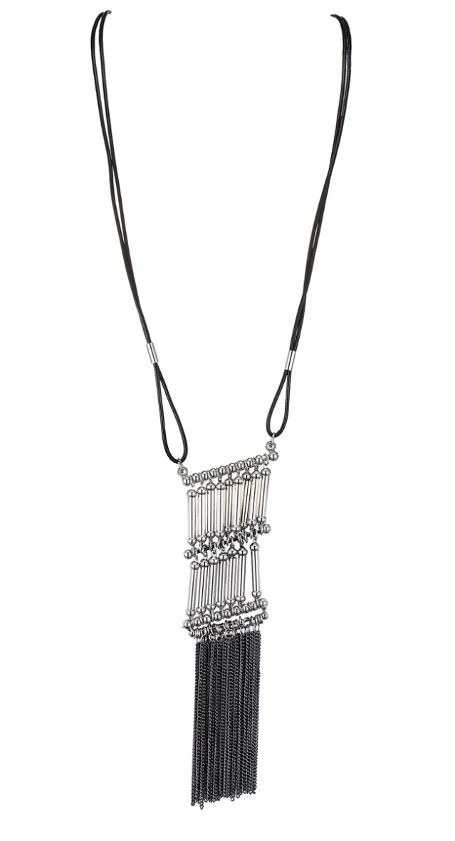 Mayorista BELLE MISS - Collar de cordón de cuero negro con elementos metálicos y cadenas plateadas
