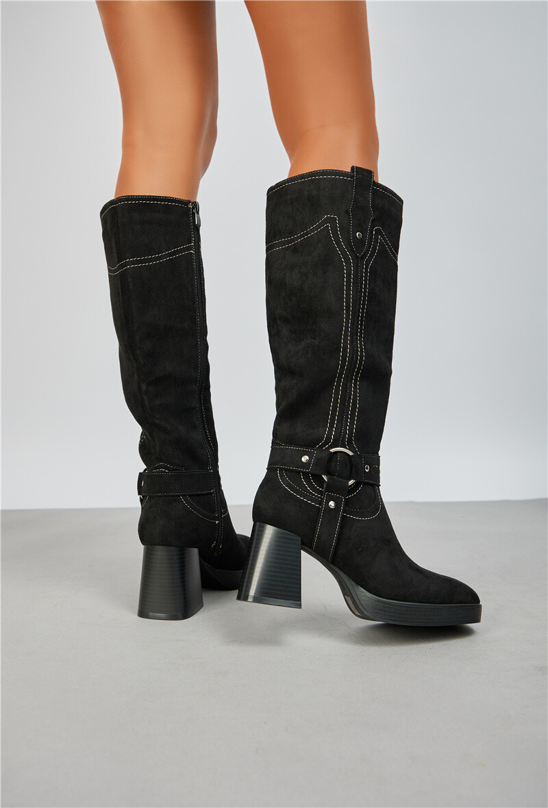 Grossiste Belle Women | Super Mode - Bottes à talon style motard en daim/suédine