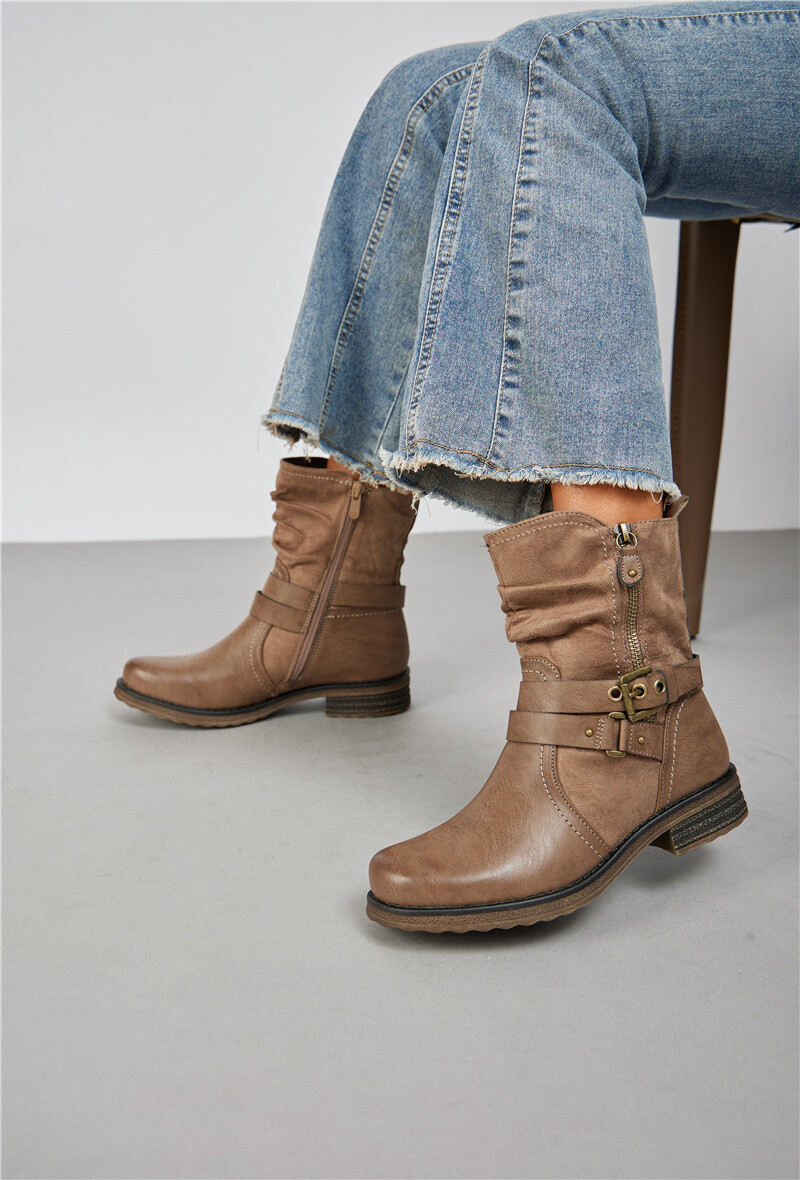 Grossista Belle Women | Super Mode - Stivaletti bimateriale (camoscio e ecopelle) con fibbie e zip