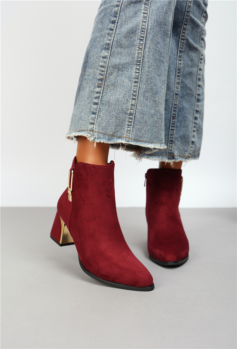 Grossiste Belle Women | Super Mode - Bottines à talon carré avec ornement doré en daim/suédine