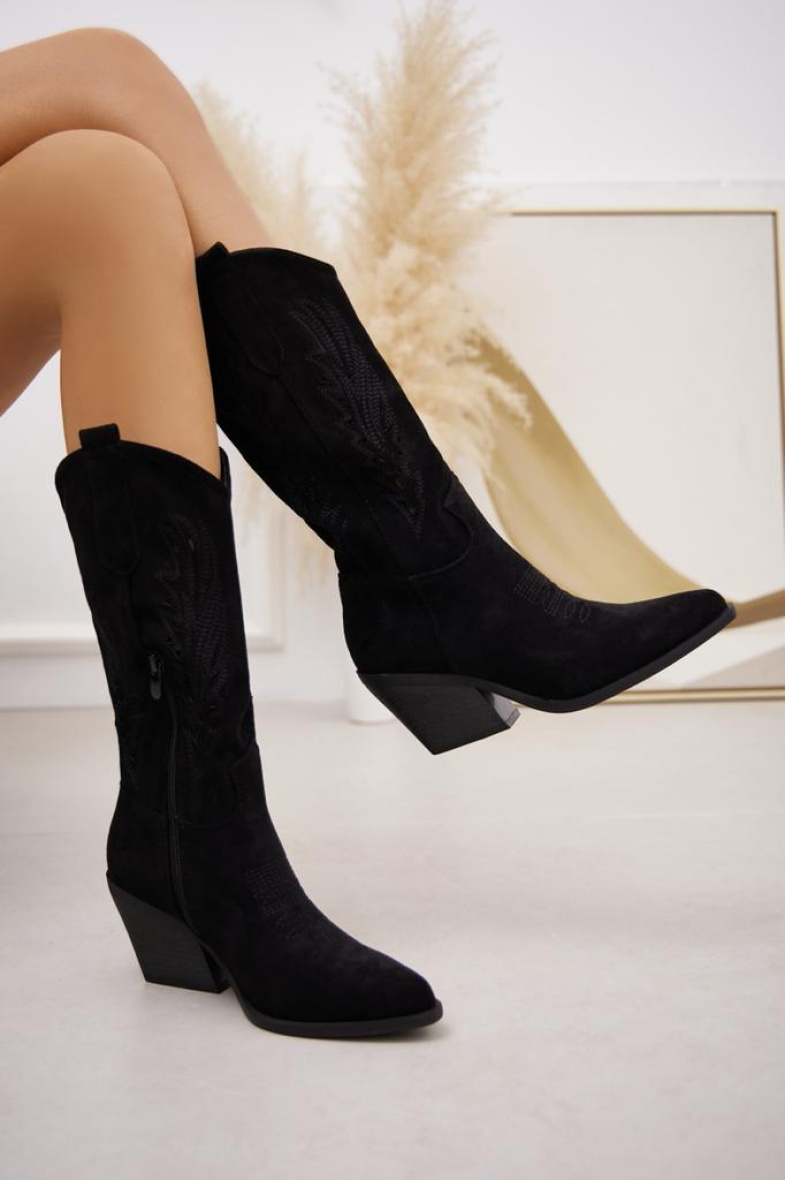 Grossiste Belle Women - Bottes cowboy/santiag en daim/suédine à talon en biais ajourée