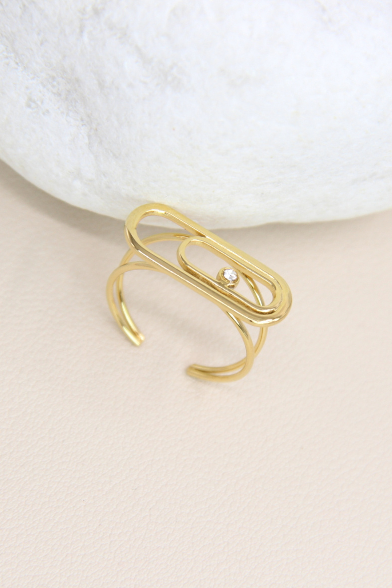 Grossiste Bellissima - Bague trombone orné de strass ajustable en acier inoxydable