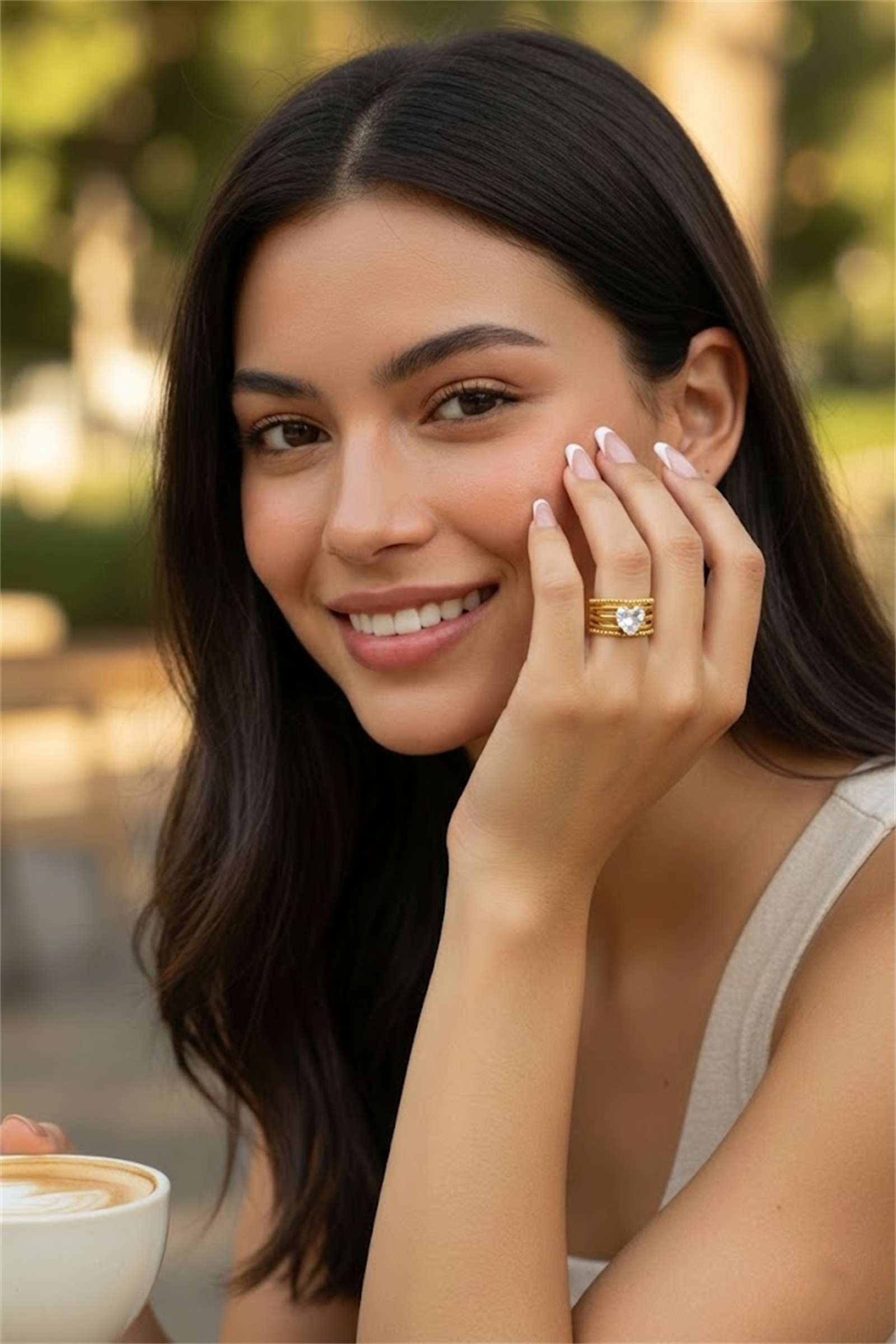 Grossiste Bellissima - Bague Dorée Multirangs Cœur en Acier Inoxydable Ornée de Cristal
