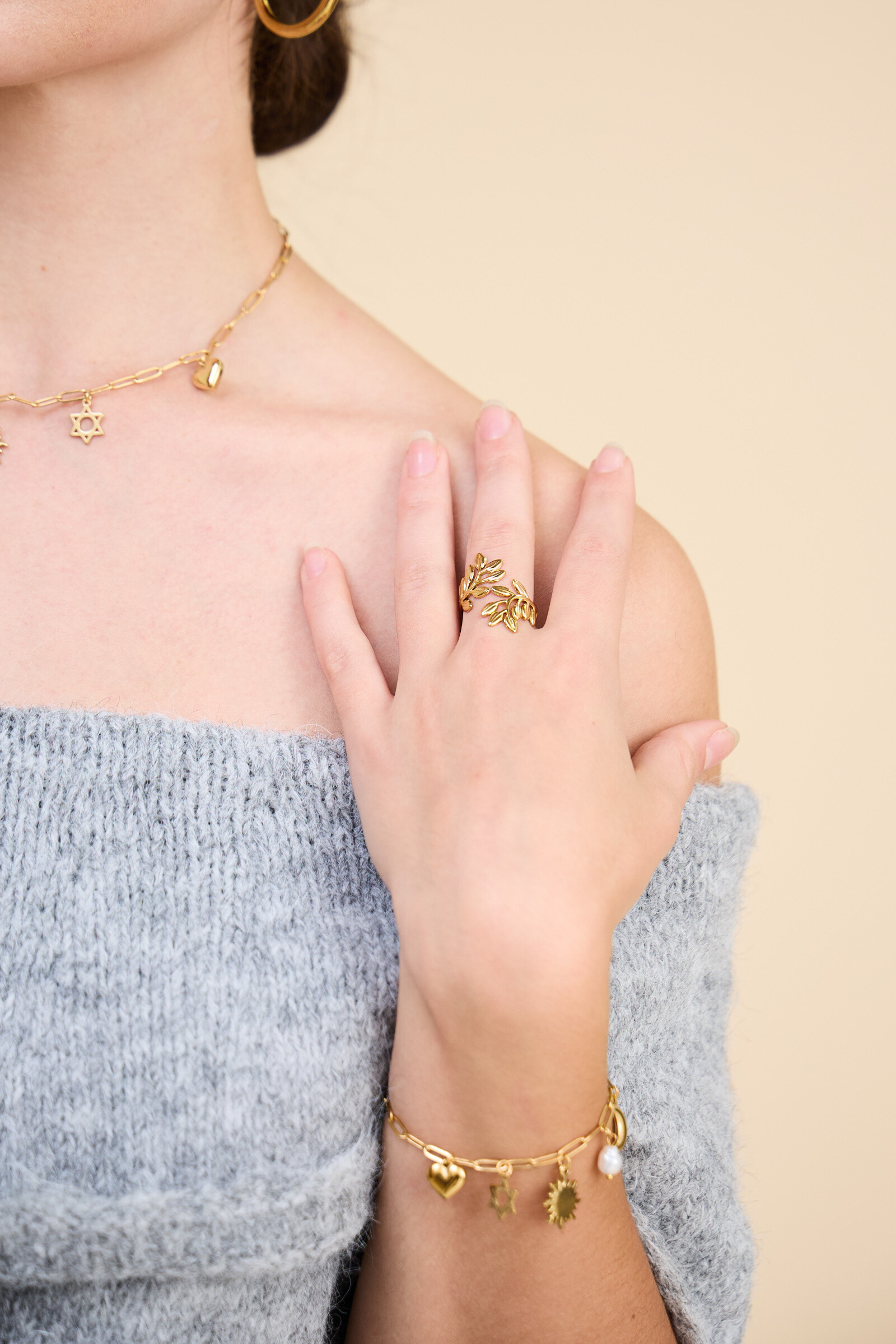 Grossiste Bellissima - Bague Feuille Ajustable en Acier Inoxydable – Élégance Naturelle