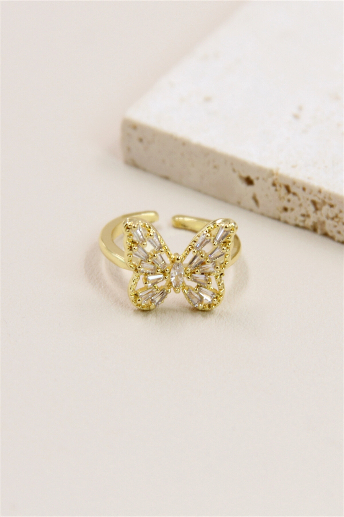 Grossista Bellissima - Anello regolabile a farfalla decorato con strass in acciaio inossidabile