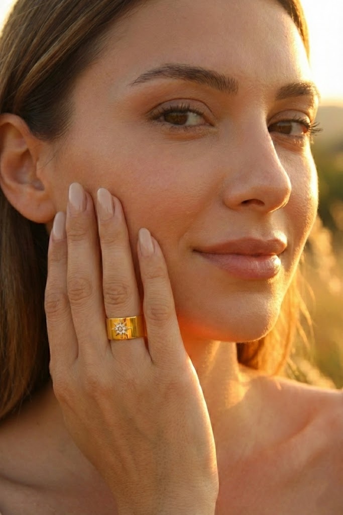 Grossiste Bellissima - Bague large étoile strass dorée – Acier inoxydable ajustable – Bijou tendance femme