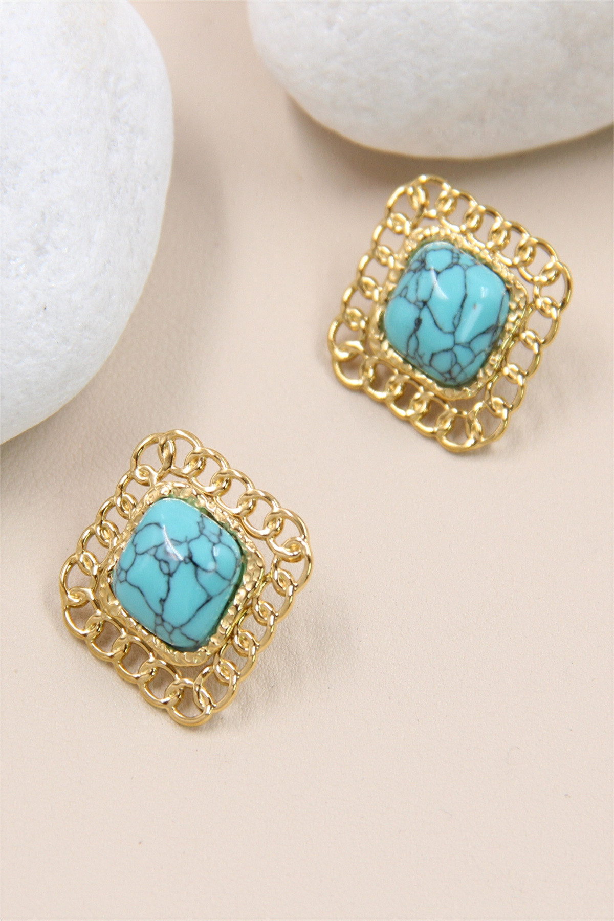 Grossiste Bellissima - Boucles d'Oreilles Carré Ornées de Pierre en Acier Inoxydable