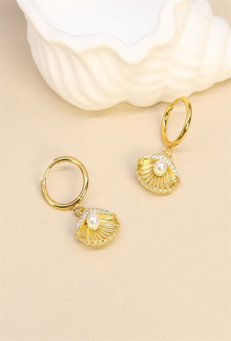 Grossiste Bellissima - Boucles d'Oreilles Coquillage Perle Acier Inoxydable