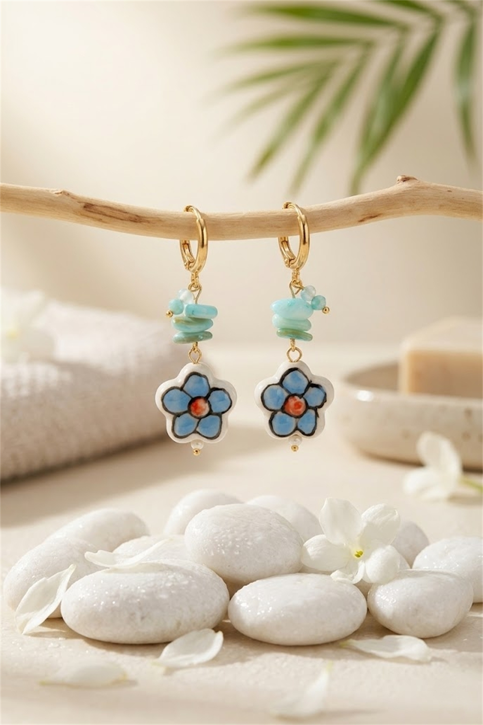 Mayorista Bellissima - Pendientes de Flor de Cerámica Azul – Aros Boho Chic y de Tendencia