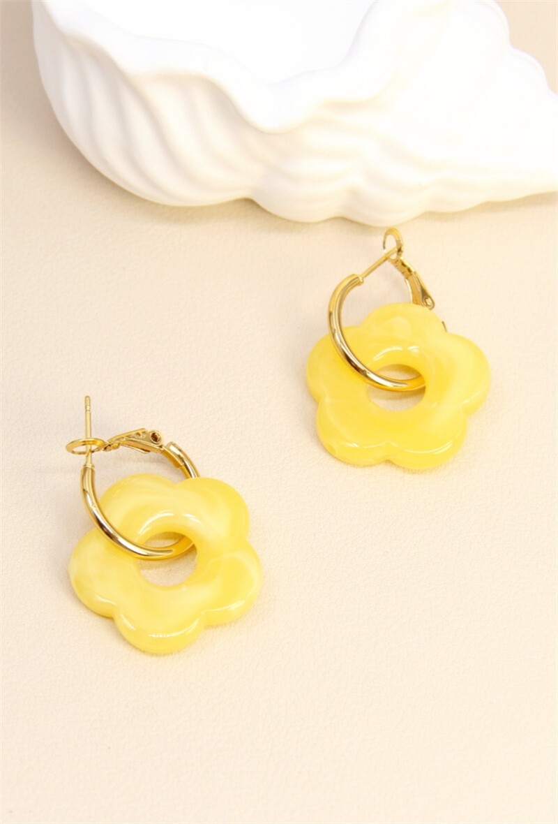 Flower Shaped Earrings in Resin and Stainless Steel - Yellow 2 - thumbnail