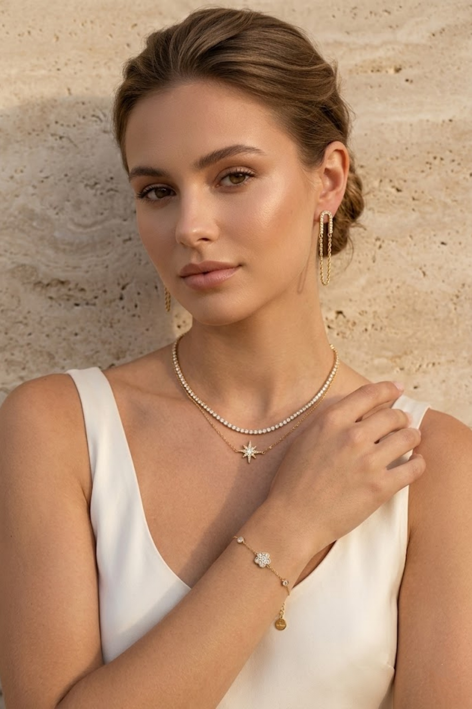 Grossiste Bellissima - Boucles d’Oreilles Chaîne Strass – Acier Inoxydable Doré