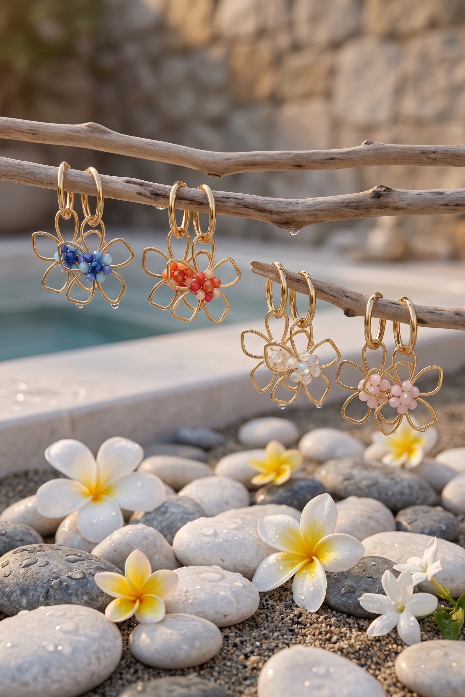 Mayorista Bellissima - Pendientes de Flor de Acero Inoxidable Dorado – Perlas de Colores de Moda