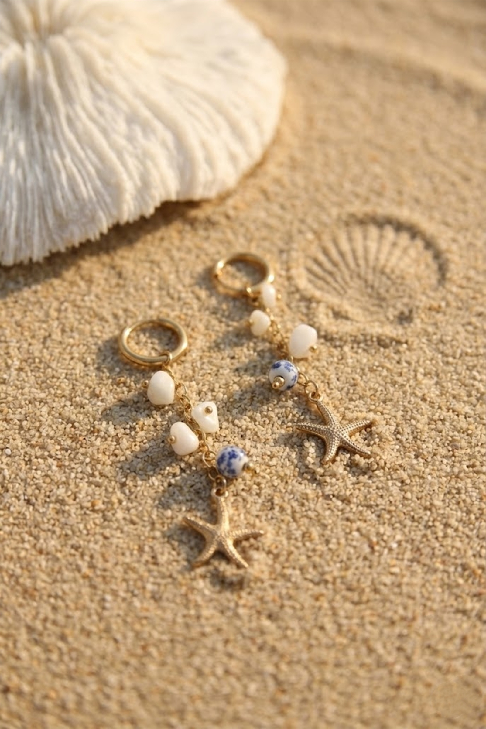Grossiste Bellissima - Boucles d’Oreilles Perles Bleues Étoile de Mer – Acier Inoxydable Doré