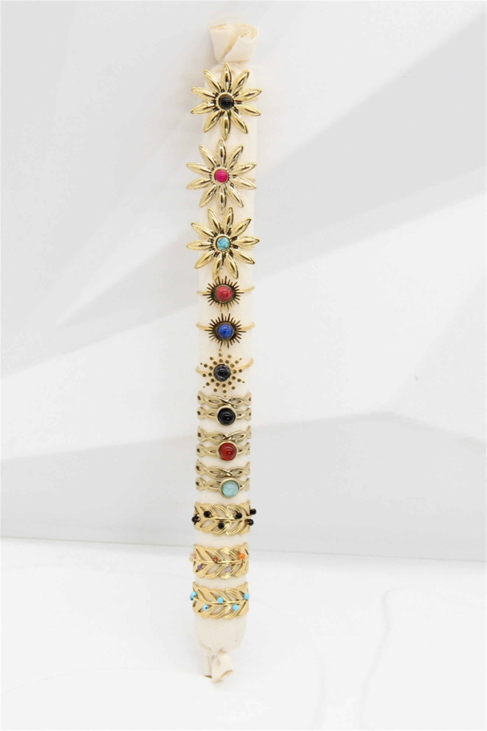 Mayorista Bellissima - Juego de 12 Anillos Multicolores Ajustables – Acero Inoxidable Dorado