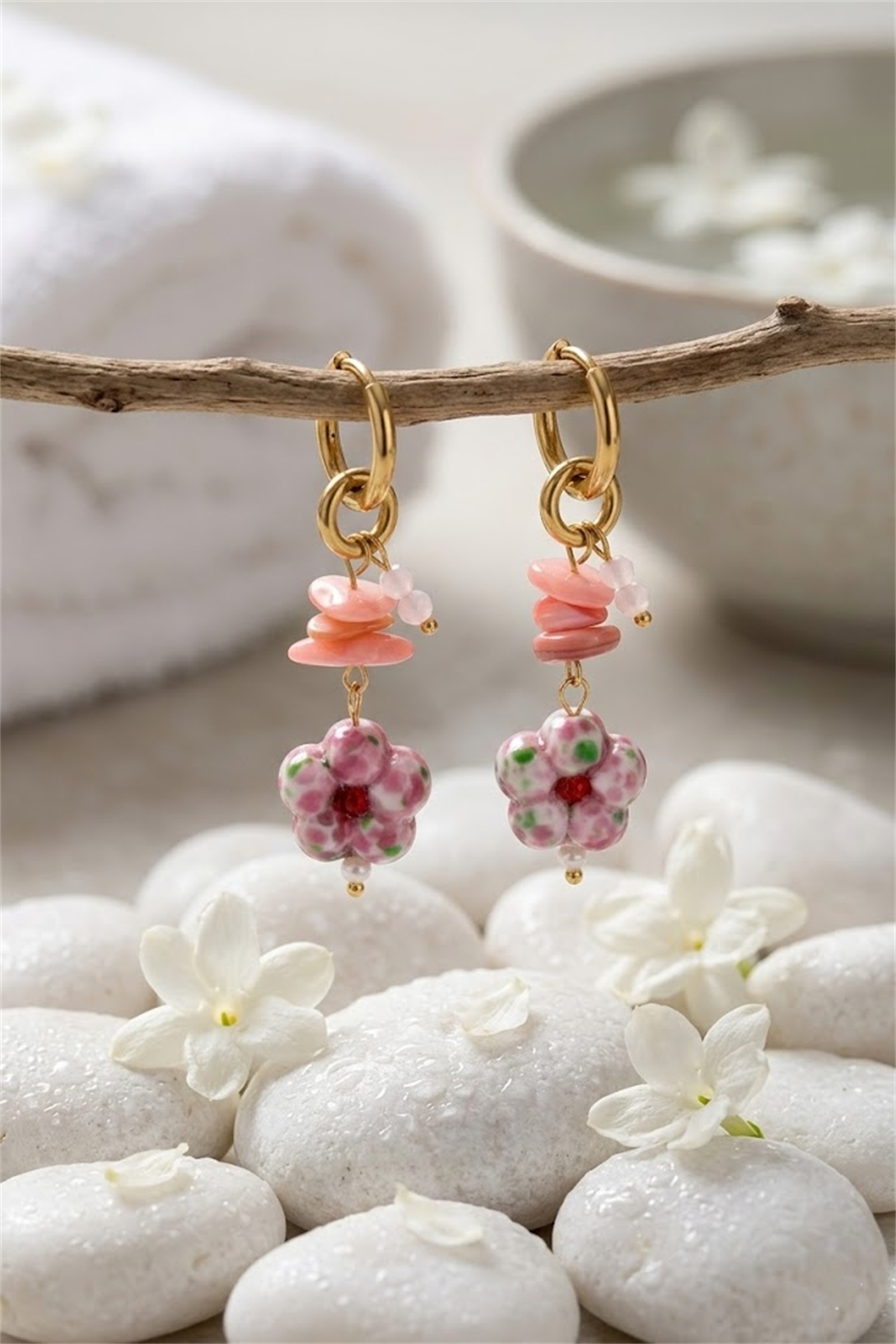 Mayorista Bellissima - Pendientes de Flor de Cerámica Rosa – Aros Boho Chic & Joyería de Mujer de Tendencia