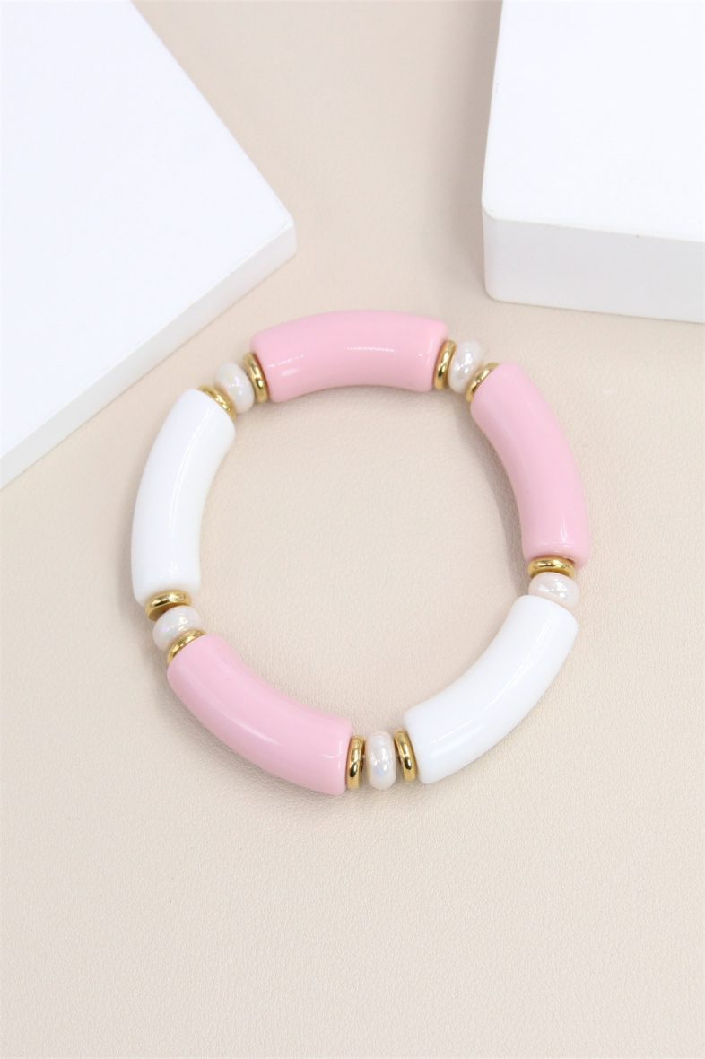Grossiste Bellissima - Bracelet élastique en résine orné de petit perle acier et pierre combiné