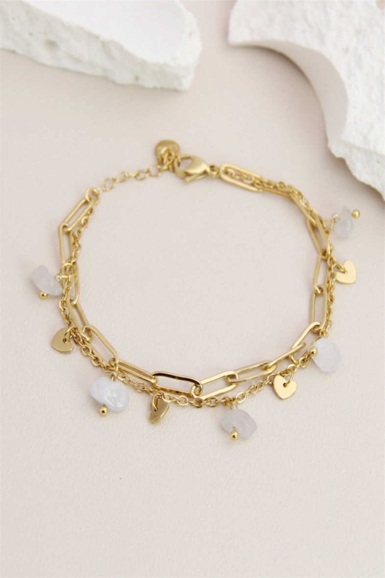 Grossista Bellissima - Bracciale a doppia maglia decorato con pietra in acciaio inossidabile