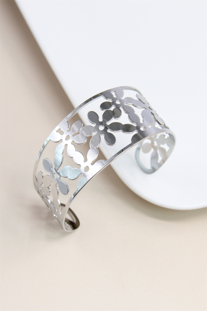 Grossiste Bellissima - Bracelet fleur filigrane jonc ajustable en acier inoxydable