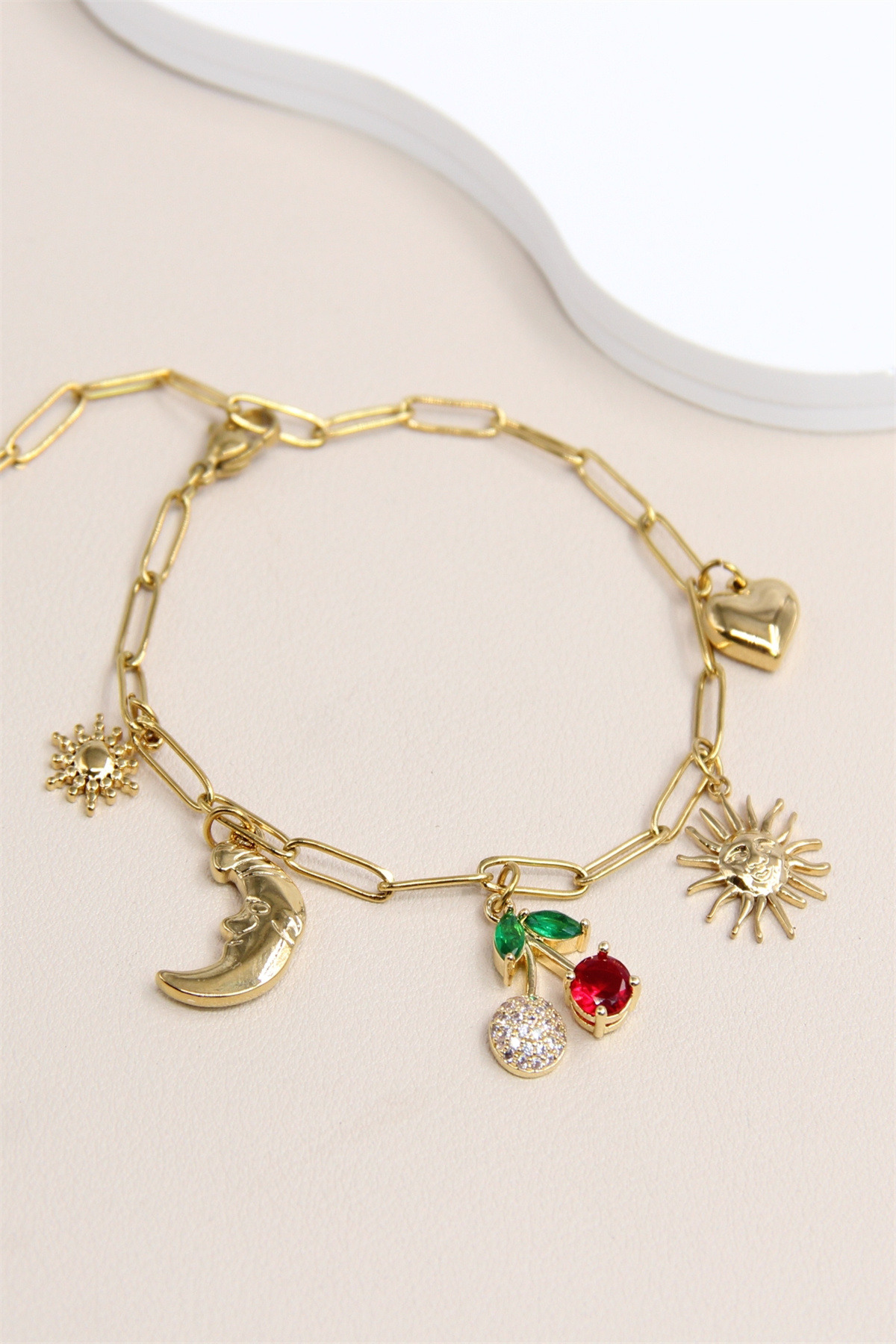 Grossiste Bellissima - Bracelet à breloques cerise étoile lune  et coeur en Acier Inoxydable