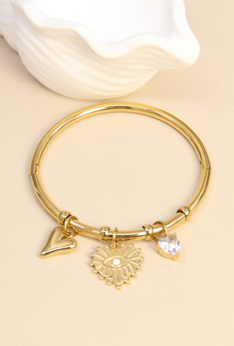 Grossiste Bellissima - Bracelet Jonc Orné de Breloque Cœur en Acier Inoxydable – Charme Romantique