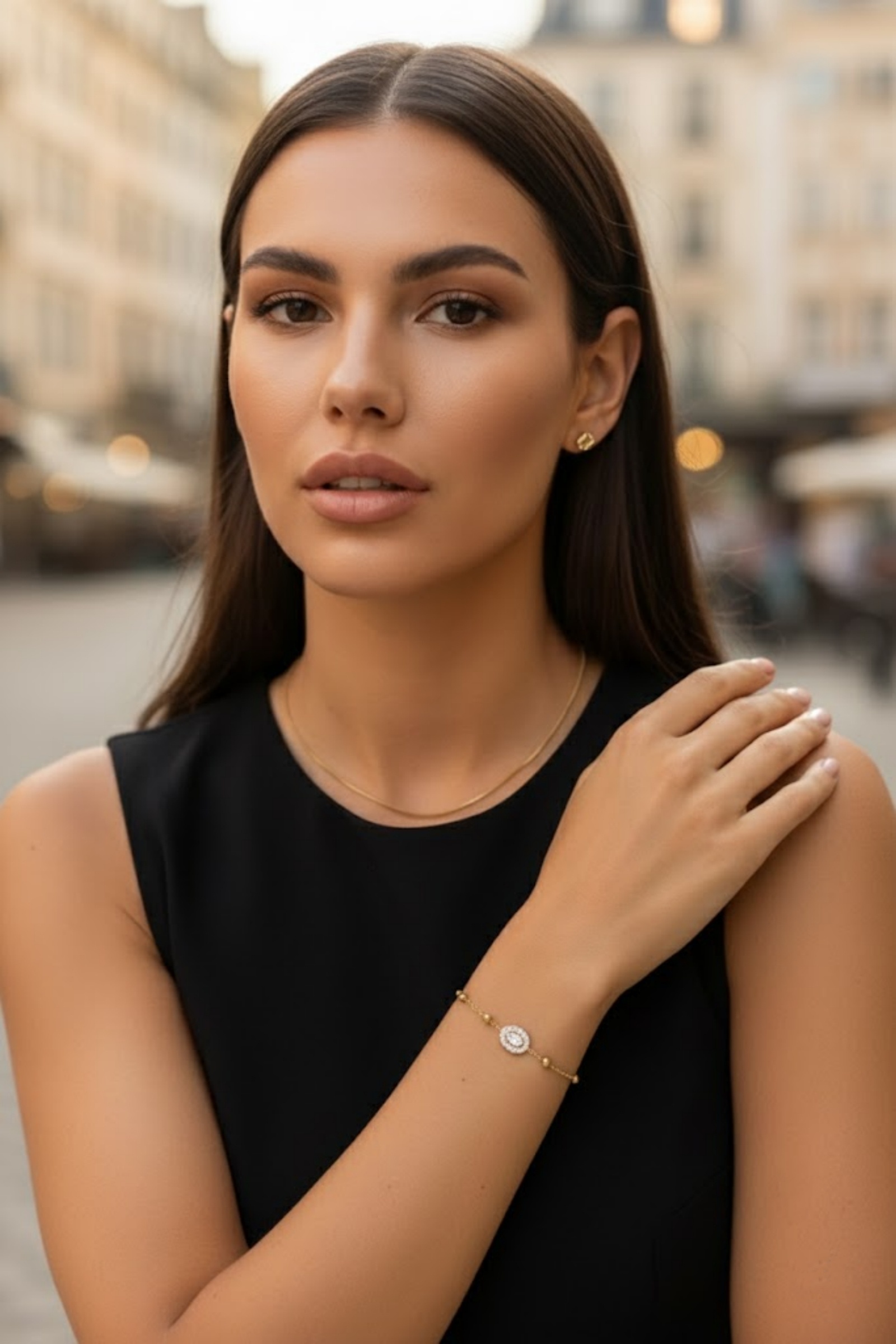 Grossiste Bellissima - Bracelet Chaîne Dorée Orné de Strass – Acier Inoxydable