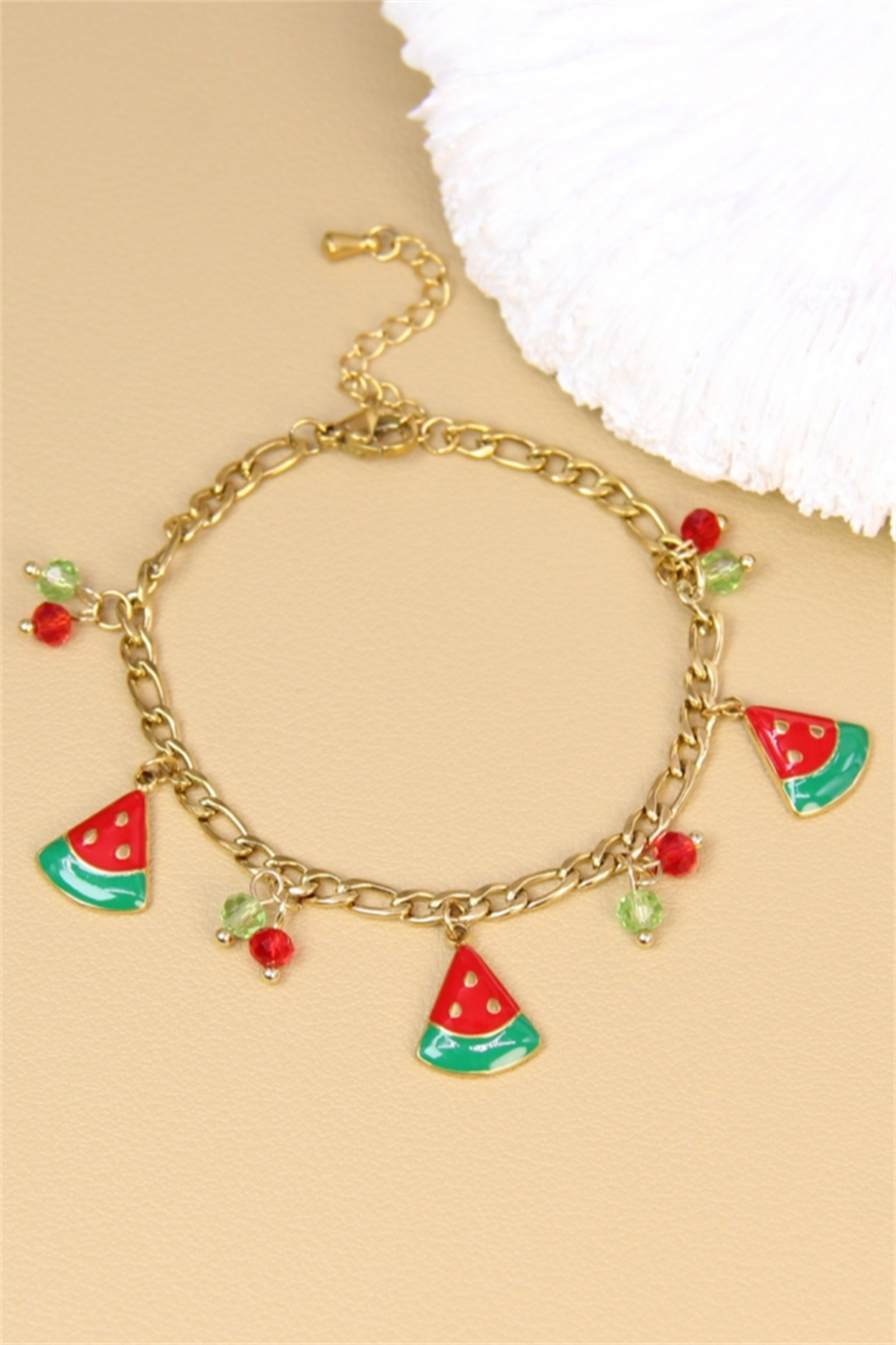 Grossiste Bellissima - Bracelet charms pastèque – Émail coloré & perles rouges et vertes