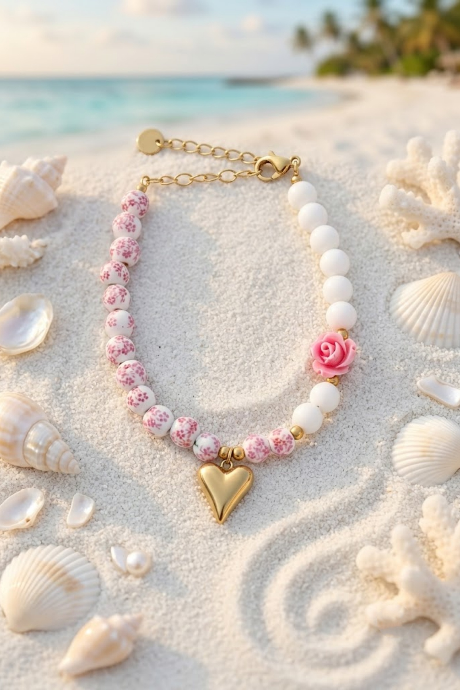 Mayorista Bellissima - Pulsera de Perlas Corazón y Rosa en Acero Inoxidable – Romántico y Refinado