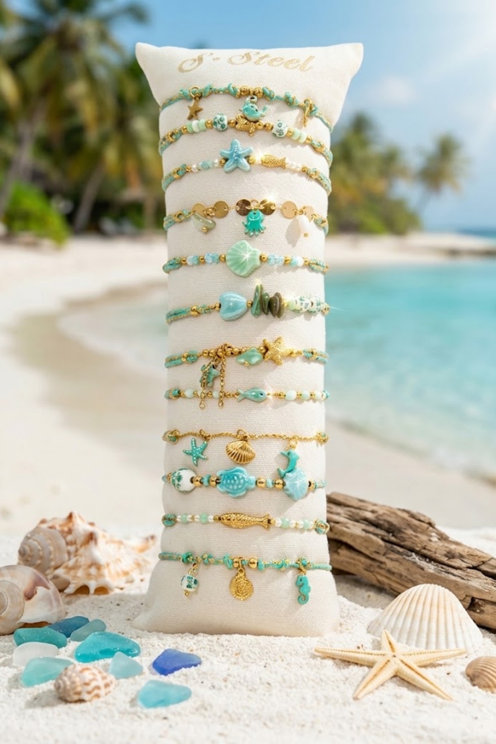 Grossiste Bellissima - Lot de 12 Bracelets Marins Vert d’Eau Assortis en Acier Inoxydable – Présentoir Offert