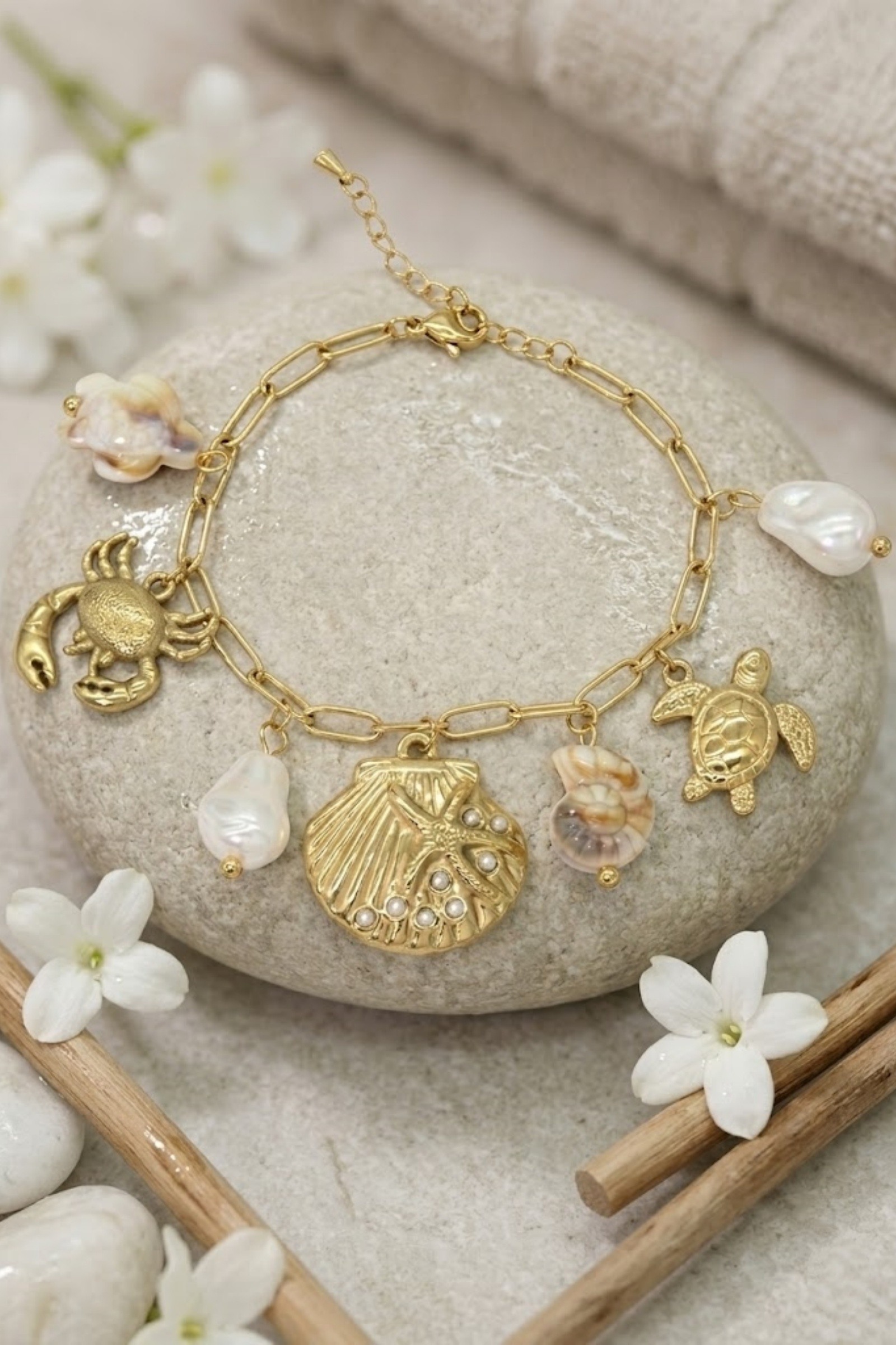 Mayorista Bellissima - Pulsera Marina con Tortuga y Concha – Dijes de Acero Inoxidable Dorado para Mujer