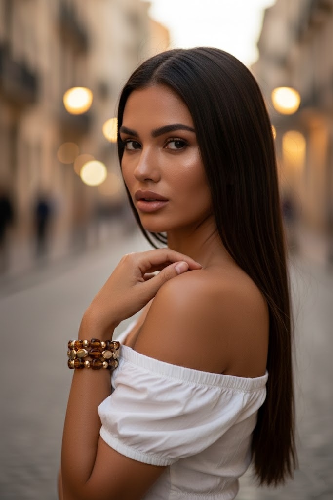 Grossiste Bellissima - Bracelet élastique brun en résine – Perles effet ambre et billes dorées