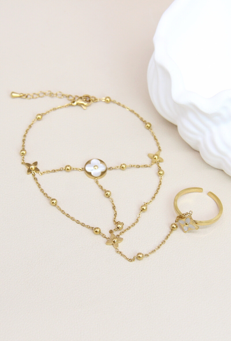 Grossiste Bellissima - Bracelet Bague Fleur Nacrée en Acier Inoxydable – Glamour Sublime