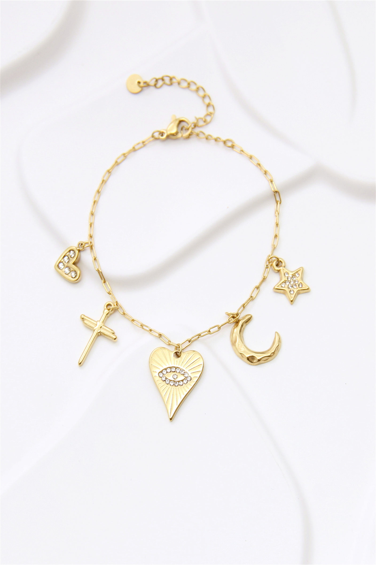 Grossiste Bellissima - Bracelet Charms Étoile, Lune & Cœur – Acier Inoxydable Tendance