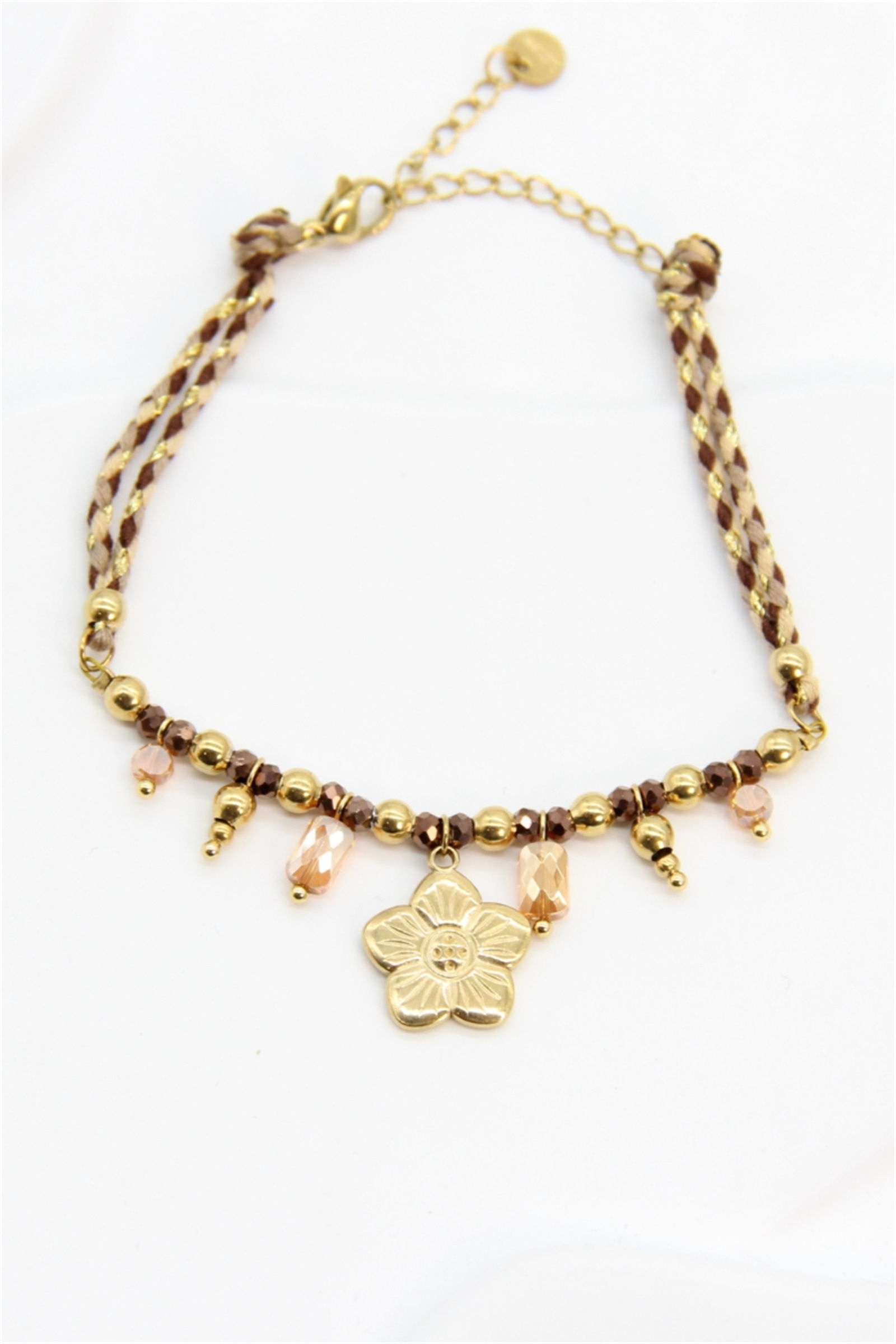Grossiste Bellissima - Bracelet fantaisie fleur dorée – Acier inoxydable & perles tressées chocolat