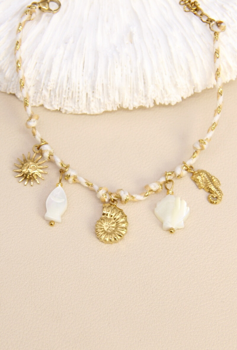 Mayorista Bellissima - Pulsera de cordón trenzado beige - Charms marinos dorados y perlados