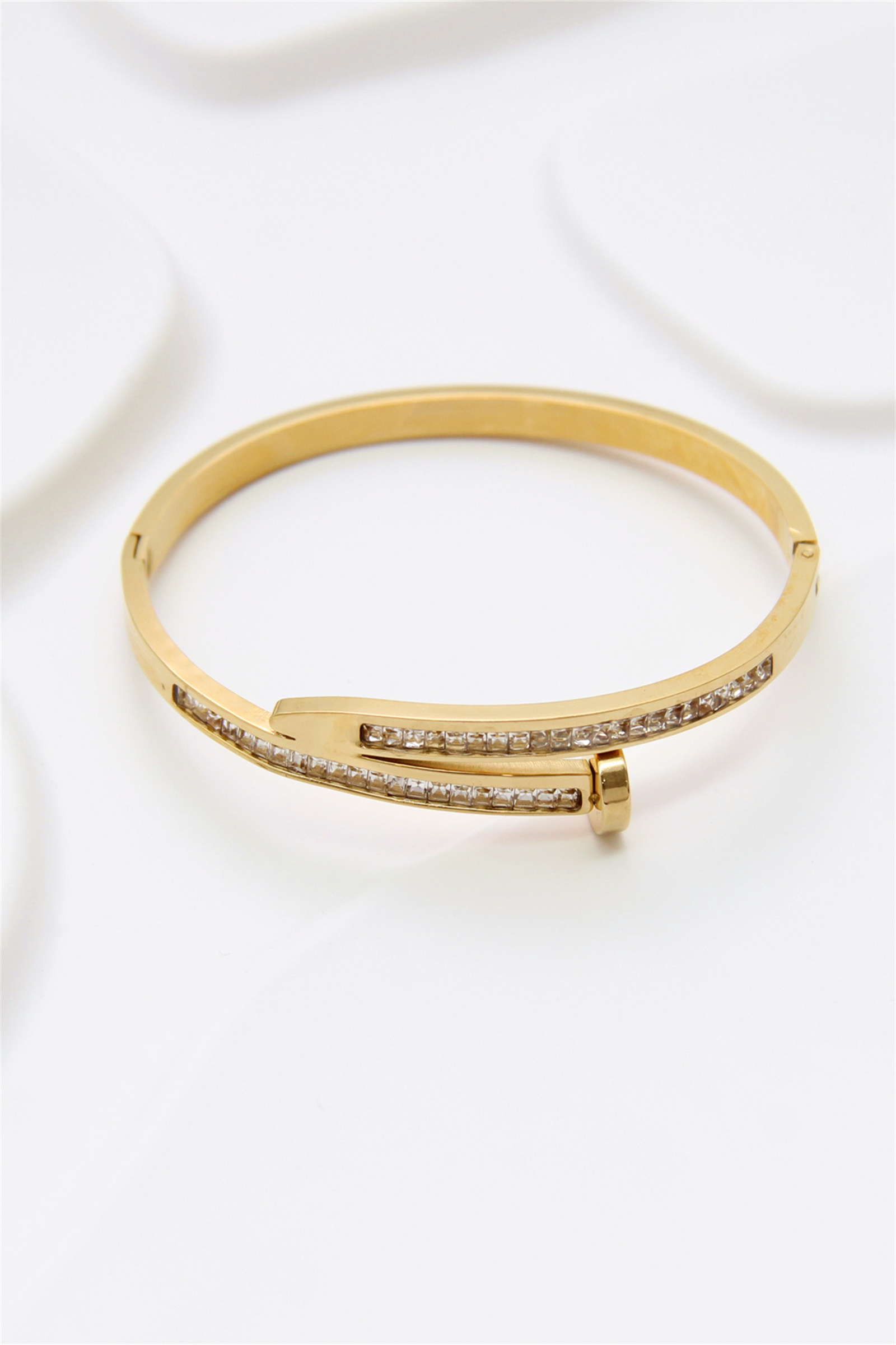 Bracelet Jonc Femme En Acier Inoxydable Doré - Chaîne Réglable Avec Strass, Neuf Sans Emballage