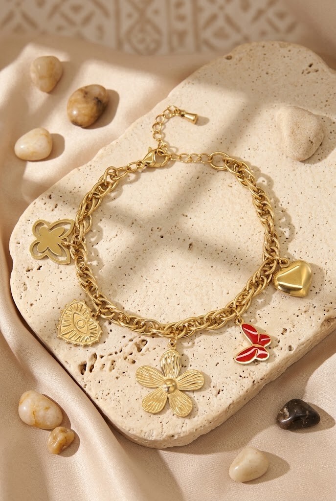 Grossiste Bellissima - Bracelet Charms Fleur – Acier Inoxydable Doré