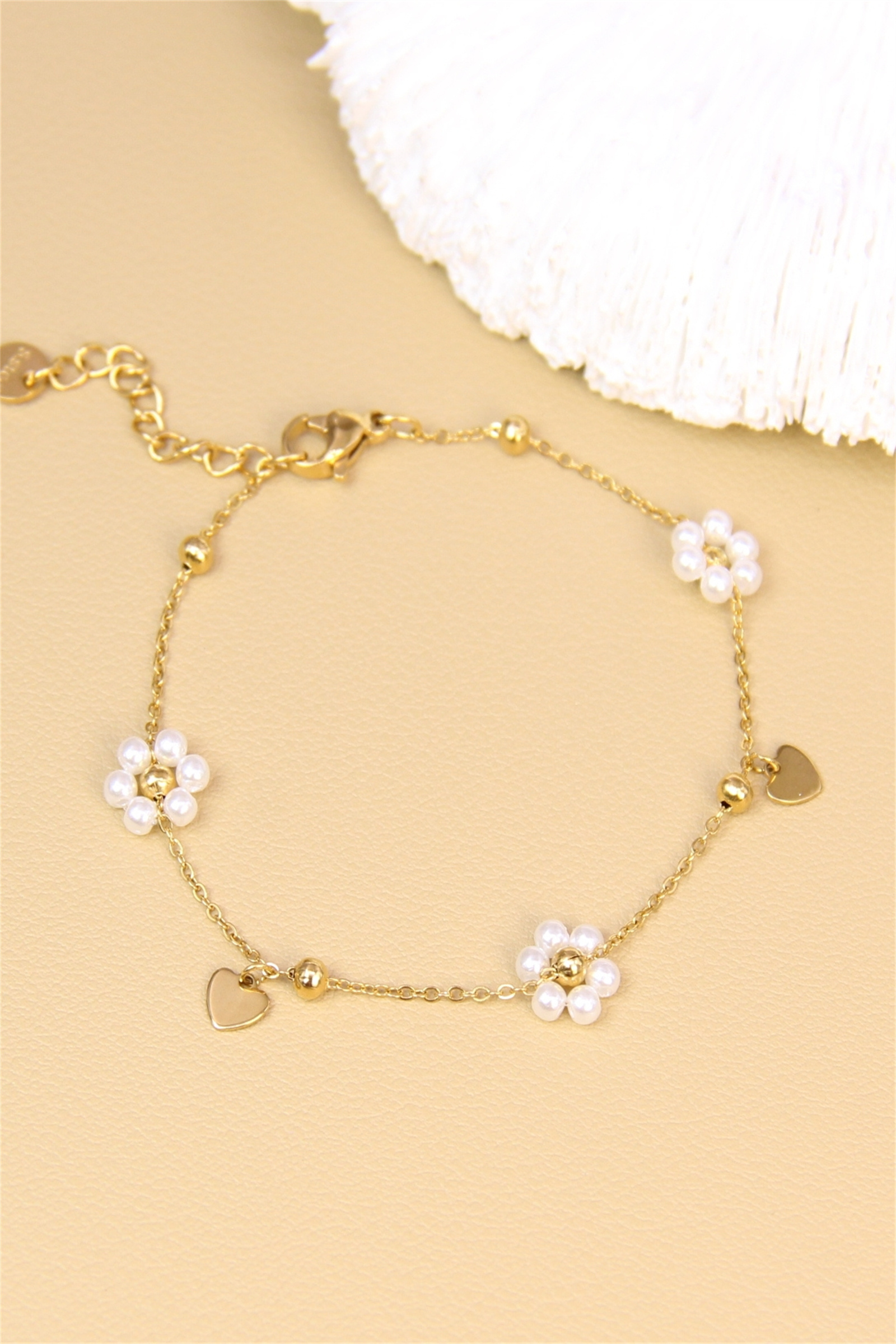 Mayorista Bellissima - Pulsera de flores, perlas y corazones - Acero inoxidable