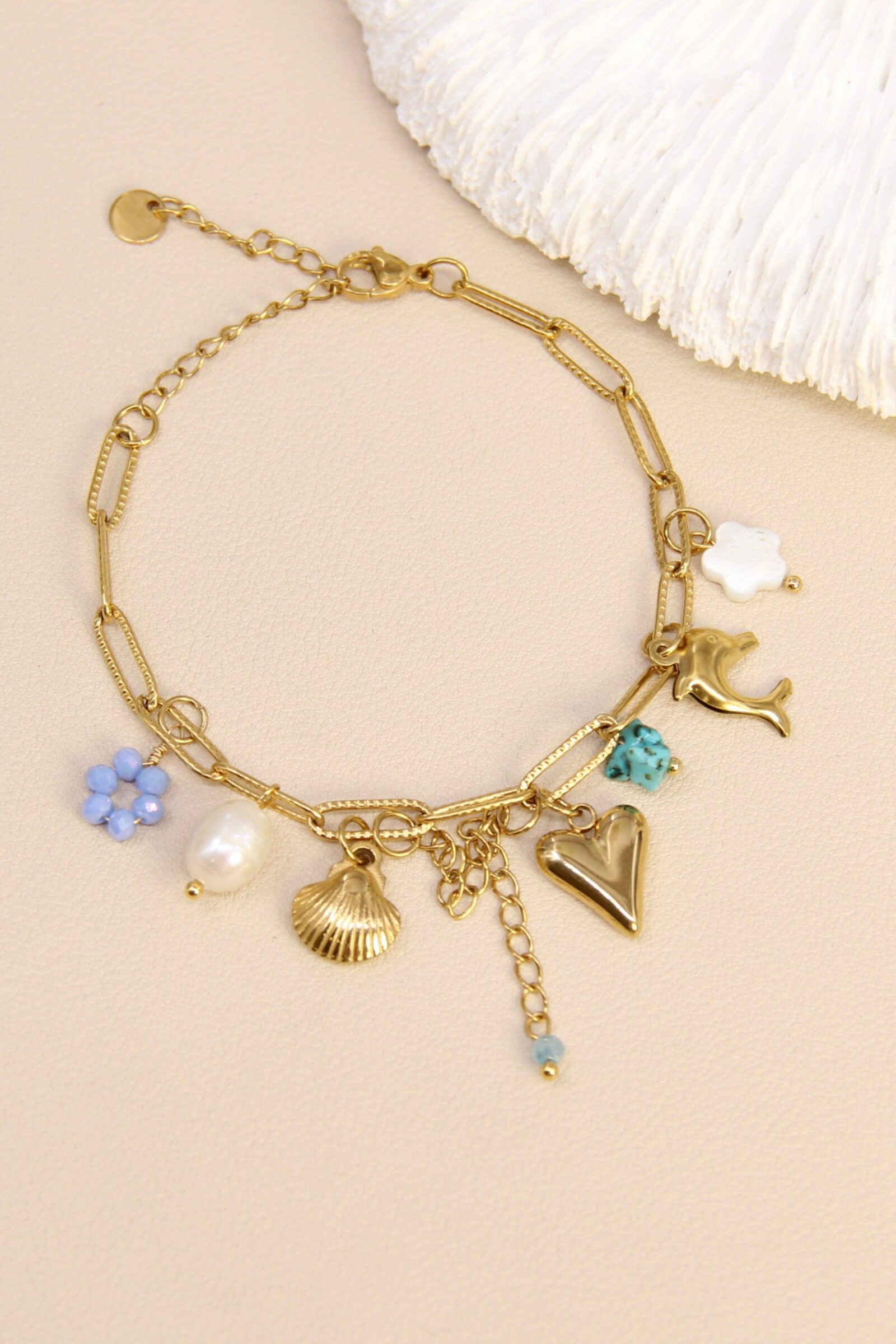 Grossista Bellissima - Bracciale in acciaio inossidabile alla moda - ciondoli a cuore, conchiglia e perle
