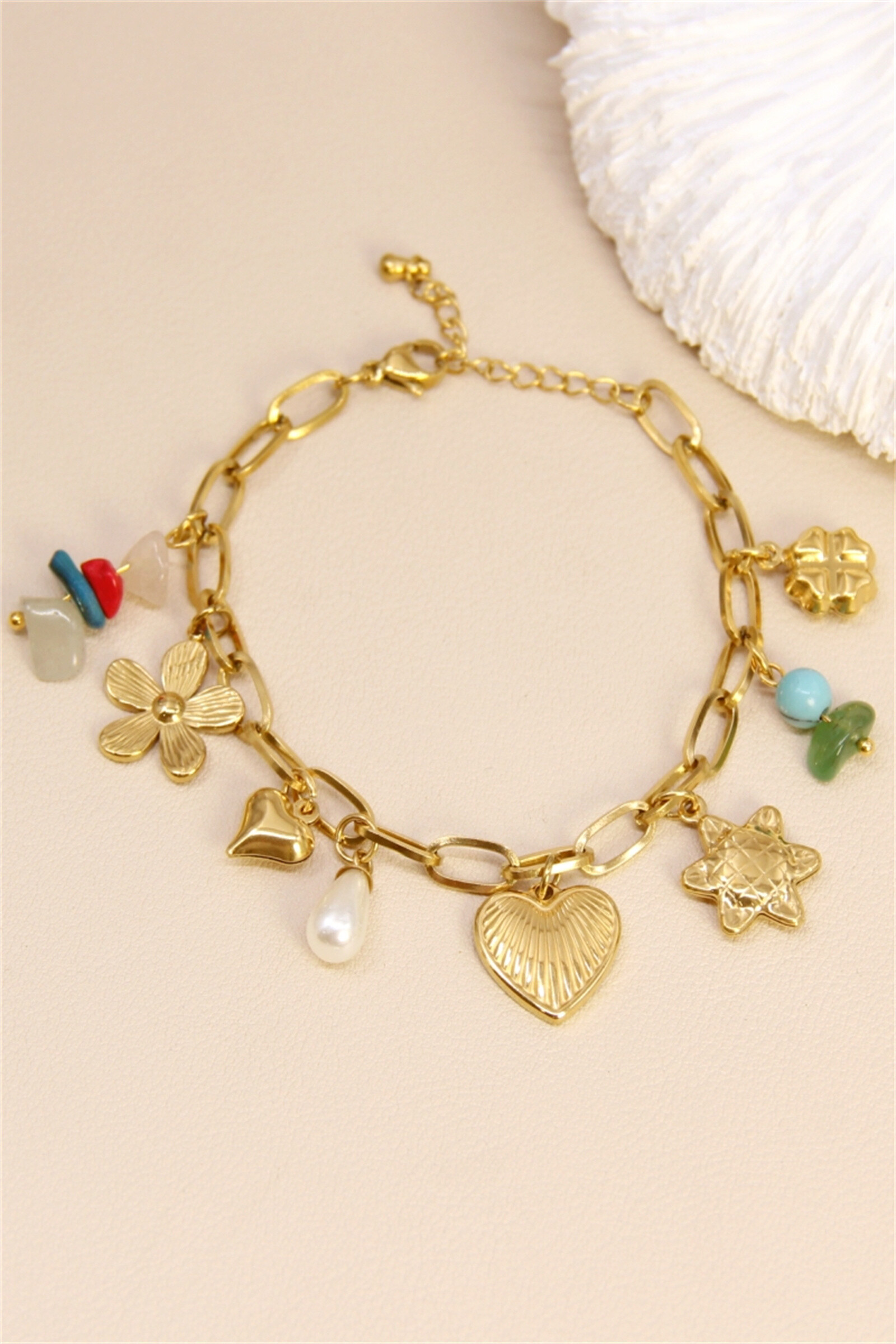 Grossista Bellissima - Bracciale Dorato Charms Cuore & Pietre Colorate