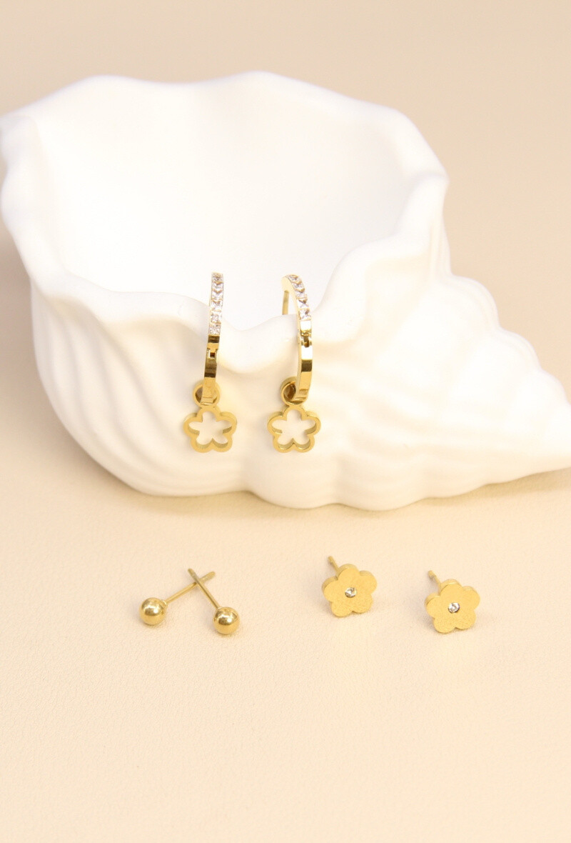 Grossiste Bellissima - Boucles d'Oreilles Fleur Assorties set de 3 en Acier Inoxydable
