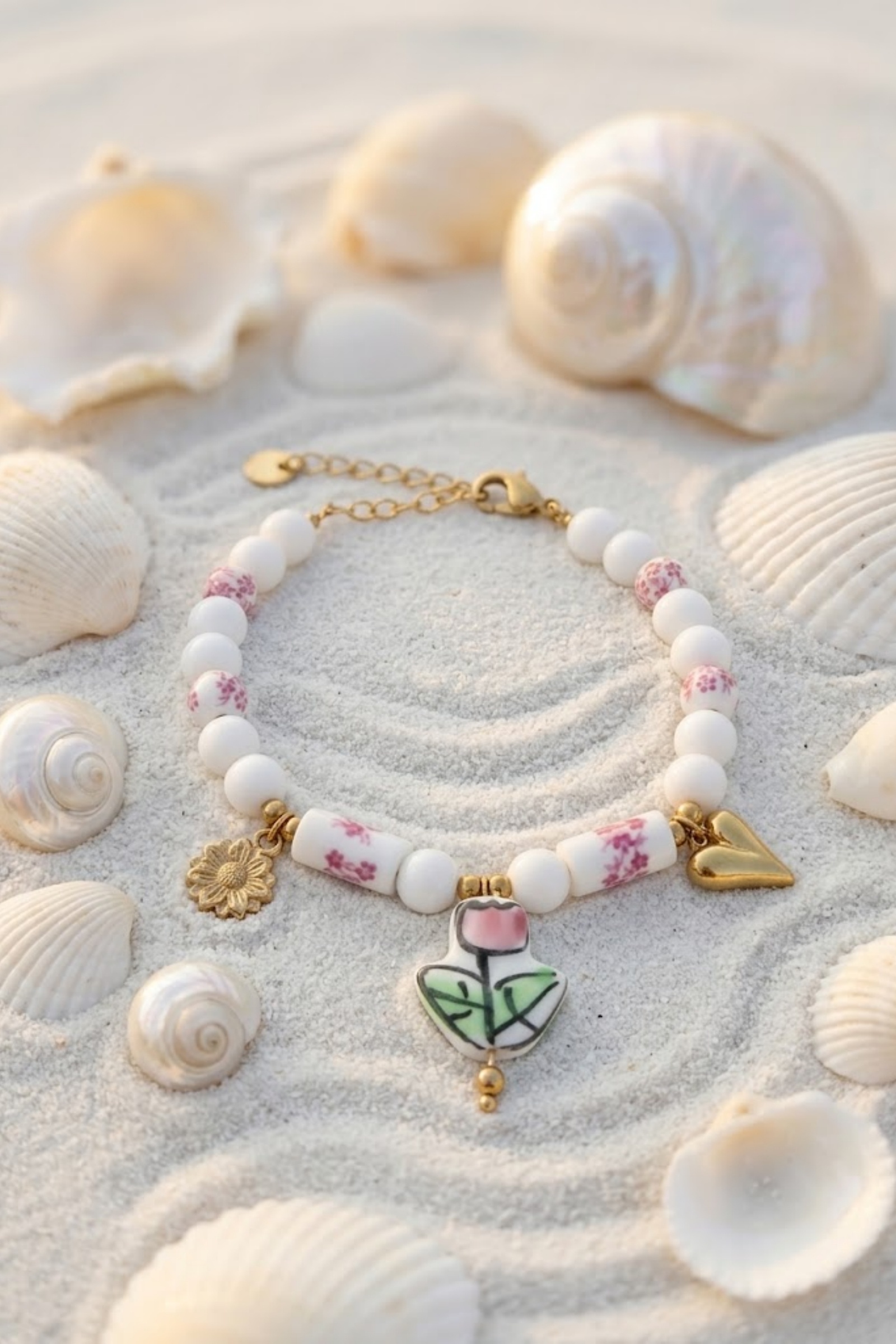 Grossista Bellissima - Bracciale con Perle Fiore e Cuore in Acciaio Inossidabile – Fascino Romantico